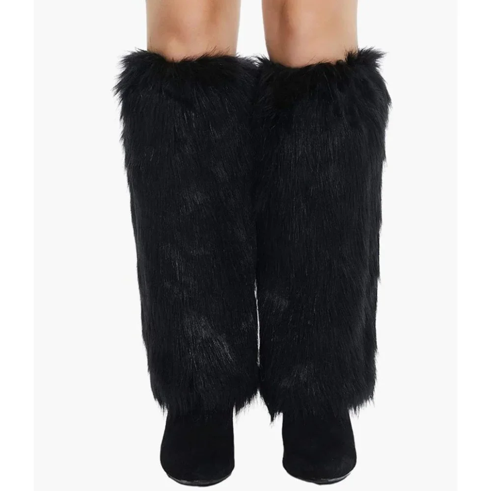 Tall‎ Black Fuzzy Faux Fur Feather Cuff Ankle Boot Covers Leg Warmer Socks